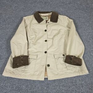 LL Bean Womens 1X Barn Jacket Khaki Cotton Plaid Lined Corduroy Trim Field Coat